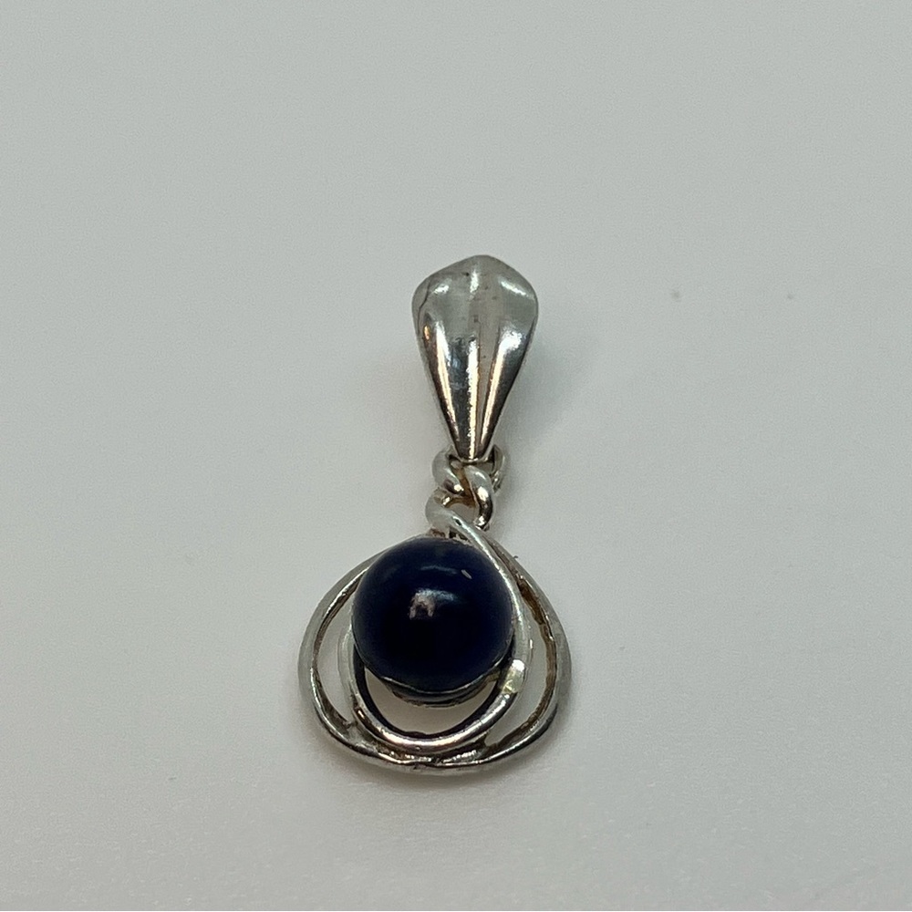 Vtg 925 Sterling Silver & Round Lapis Lazuli Stone Necklace Pendant